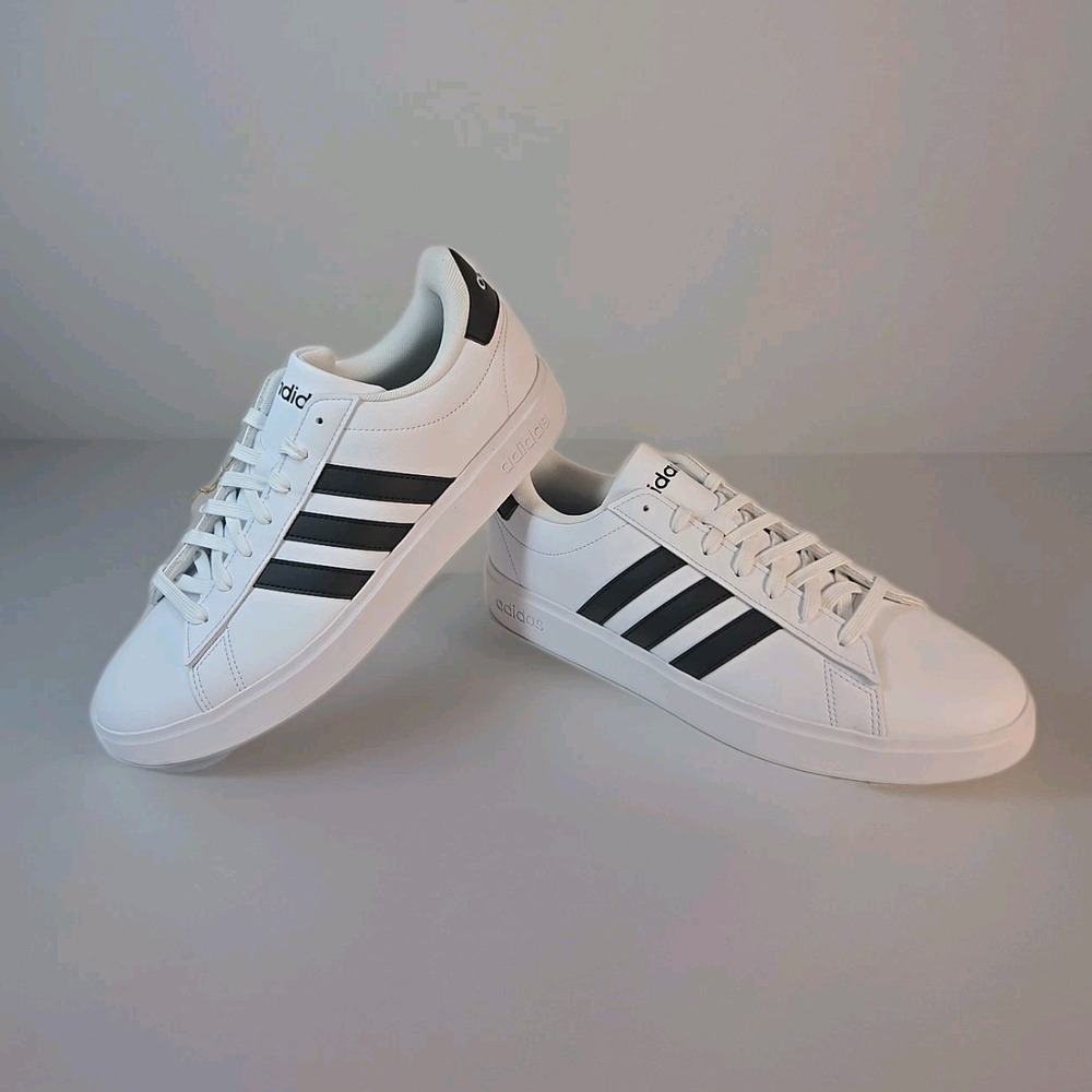 Adidas Mens Size 10.5 Grand Court 2.0‎ Shoes White With Black Stripes GW9195